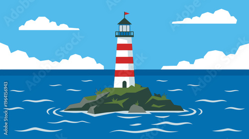 A vibrant illustration of a red and white striped lighthouse standing tall on a small rocky island in the vast blue ocean under a clear sky with fluffy white clouds.