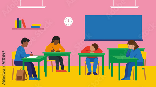 Illustration of four diverse students in a classroom, with two engaged in work, one sleeping, and another looking sad or bored at their desks.