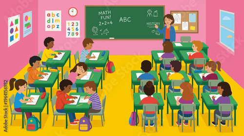 A vibrant classroom scene with a teacher instructing diverse young students at their desks, featuring educational posters and a blackboard.