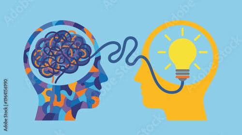 Two stylized human head silhouettes, one with a brain and the other with a lightbulb, connected by a wavy line, symbolizing thought, ideas, and communication.