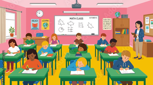 A vibrant cartoon illustration of a diverse group of elementary school children learning math in a colorful classroom with their teacher.