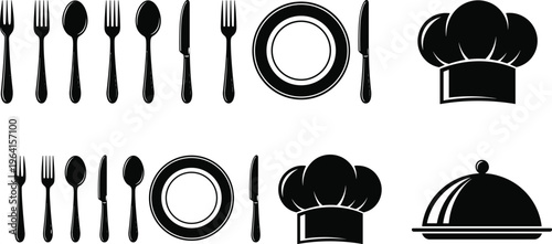 Black vector restaurant icons set featuring chef hats, plates, cutlery, forks, spoons, knives, and food cloche for kitchen menu design.