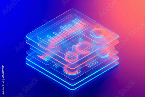 Abstract stack of glowing transparent data charts and dashboards