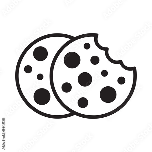 Simple black and white illustration of two chocolate chip cookies one bitten