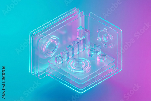 Abstract 3D data visualization with transparent elements and neon glow