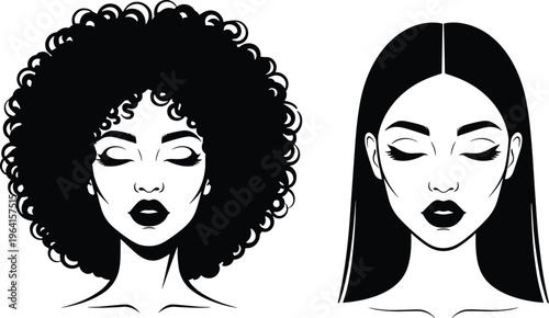 Elegant black and white vector illustration of two women with different hair textures, featuring voluminous curly afro and sleek straight hair.