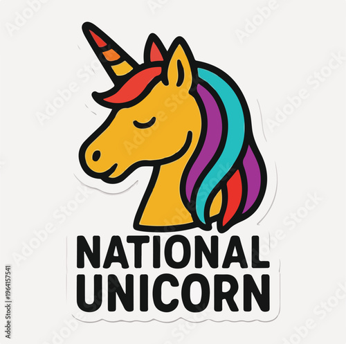 Adorable cartoon style unicorn head sticker featuring bright colors and bold text proclaiming national unicorn day