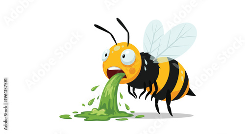 Humorous cartoon bee character feeling sick and vomiting green slime on the ground on a white background for funny content.