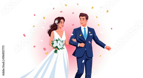 Happy Bride and Groom Walking Together Joyfully.