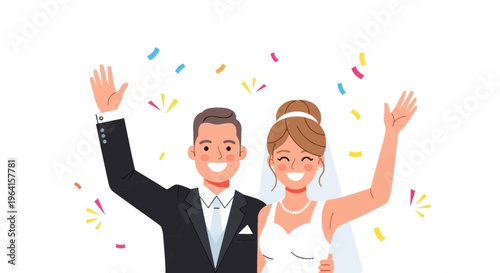 Happy Bride and Groom Waving with Confetti.