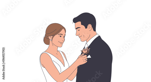 Bride Adjusting Grooms Boutonniere on Wedding Day.