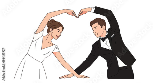 Bride and groom forming heart shape with arms.