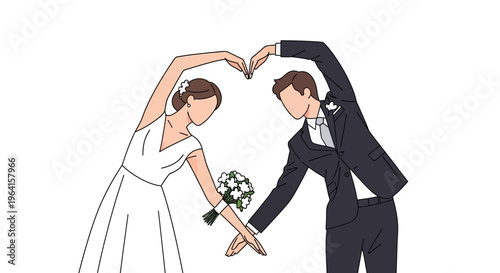 Bride and groom making heart shape with arms.