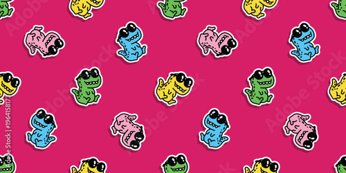 dinosaur seamless pattern t-rex Tyrannosaurus rex sunglasses cartoon vector character doodle illustration wrapping paper tile background repeat wallpaper scarf isolated design