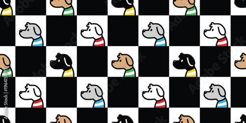 dog seamless pattern striped tee shirt puppy vector pet breed cartoon checked tile background gift wrapping paper repeat wallpaper doodle illustration isolated design