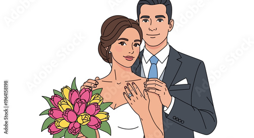 Elegant Bride and Groom Portrait with Bouquet.