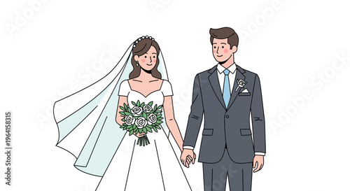 Elegant Wedding Couple Holding Hands in Formal Attire.