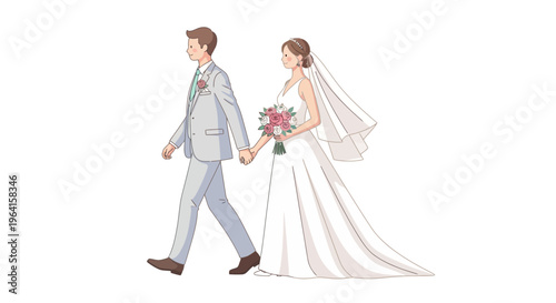 Elegant Wedding Couple Holding Hands Walking Together.