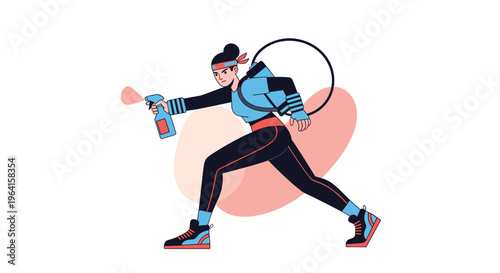 Dynamic illustration of a woman in athletic wear spraying from a bottle against a backdrop of soft organic peach shapes.
