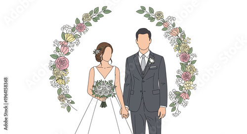 Elegant Wedding Couple Illustration with Floral Arch.