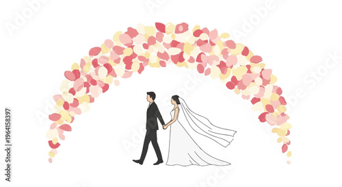 Elegant Wedding Couple Walking Under Floral Archway.