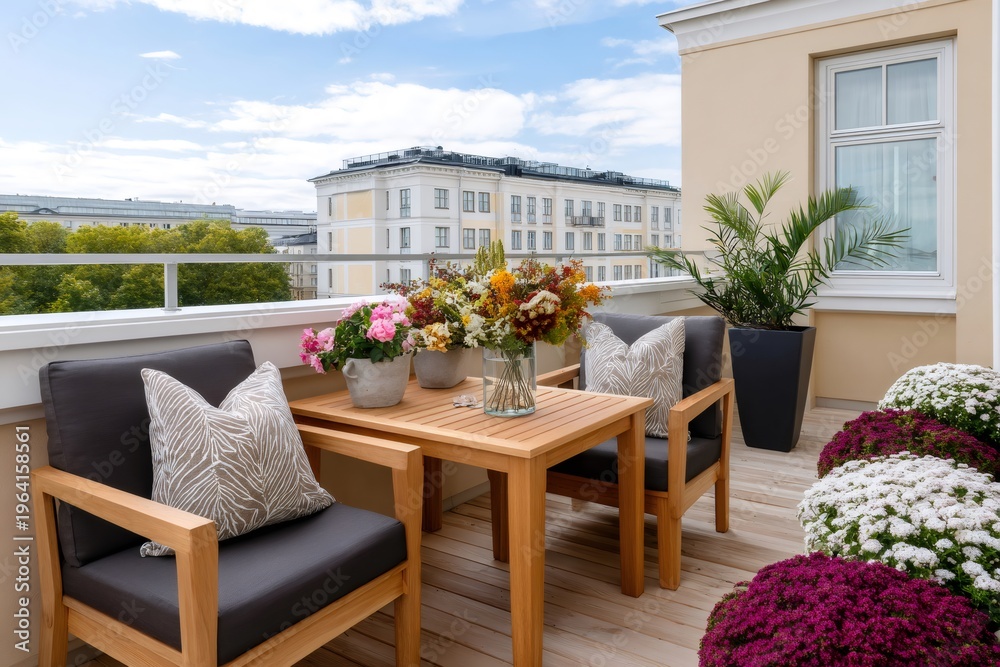 Naklejka premium Balcony terrace with outdoor furniture and vibrant flowers