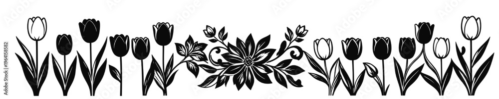 Fototapeta premium Black and white tulip floral border with mixed silhouettes and central ornamental flower scroll design forming a balanced decorative horizontal divider