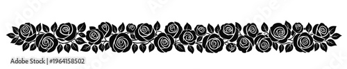 Black rose floral border with seamless repeating pattern of flowers and leaves forming a continuous decorative horizontal edge ideal for wedding designs packaging textiles and elegant layouts