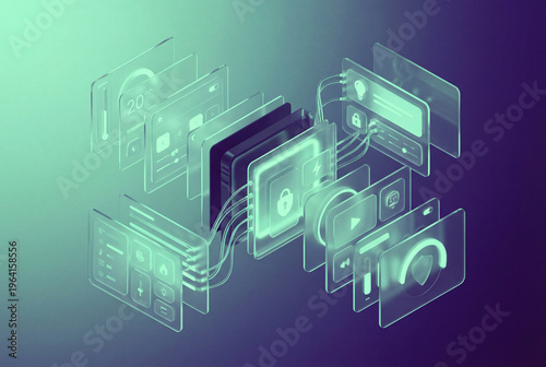 Futuristic transparent user interface elements showcasing smart home and security concepts