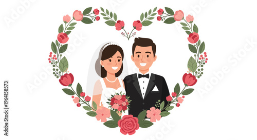 Happy Bride and Groom in Wedding Attire.