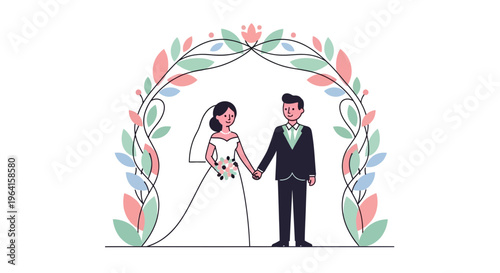 Happy Bride and Groom Holding Hands Under Floral Arch.