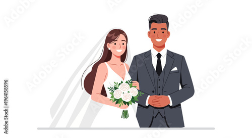 Happy Bride and Groom Posing Together on Wedding Day.