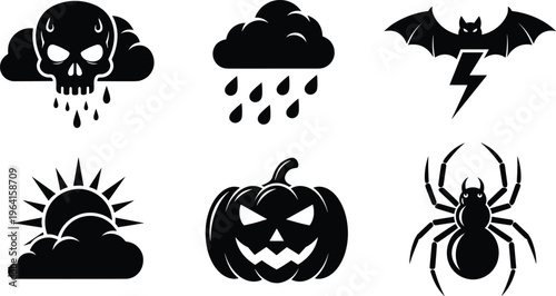 Halloween vector icon set featuring spooky skull cloud, rainy weather, bat lightning, dark sun, jack o lantern pumpkin, and spider silhouette.