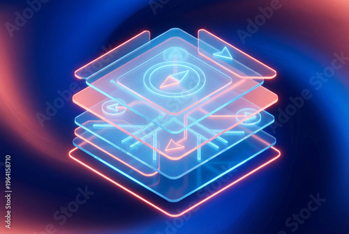 Abstract layered system with neon compass and arrows on dark background