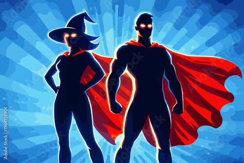 Formidable heroic partnership uniting mystic powers and traditional strength, standing strong with glowing eyes against a vibrant backdrop