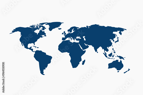 A digitally rendered graphic illustrating the continents of the world in a flat, deep blue silhouette against a plain white background
