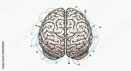Detailed human brain illustration with colorful lines and dots representing neural connections and scientific thinking processes.
