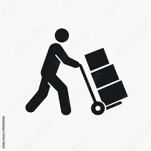 Clean graphic icon of a worker pushing a hand truck loaded with stacked boxes, representing efficient goods delivery, relocation, and logistics