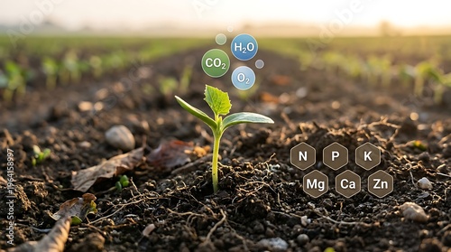 Young plant growing in soil with nutrient and gas icons symbolizing plant health and growth in an agricultural or environmental setting