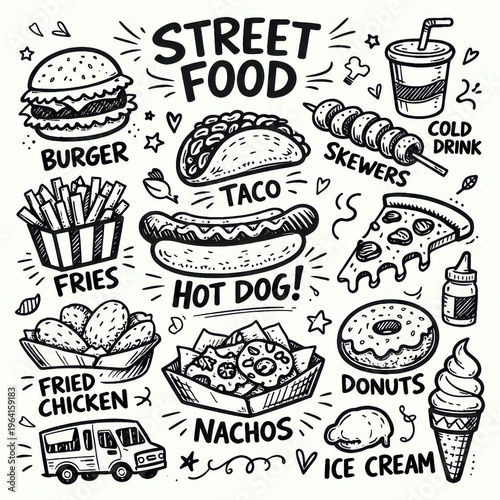 Fun hand-drawn illustration with various street food items and playful doodle elements
