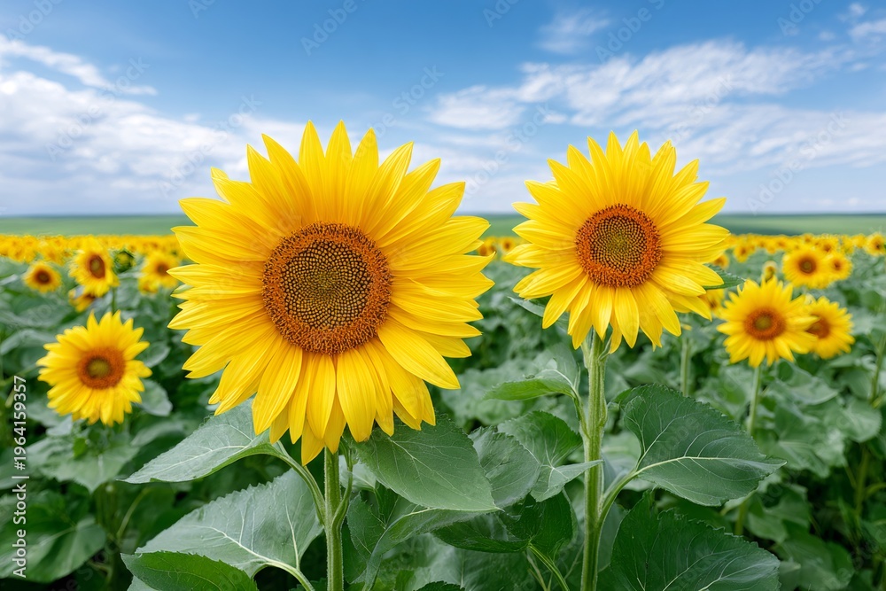 Obraz premium Sunflowers blooming in vast agriculture field under blue sky