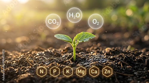 Young plant sprouting in soil with floating scientific icons and chemical elements illustrating plant nutrition and growth factors