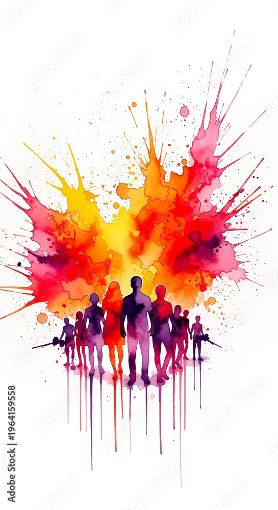 Fototapeta premium Watercolor illustration of silhouette of group of people in front of colorful explosion, concept represents unity, crowd, group, and community spirit
