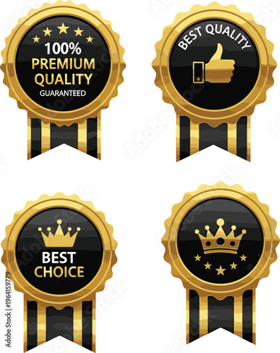 Set of four luxury golden premium quality and best choice award badges with ribbons featuring crown and thumbs up icons.