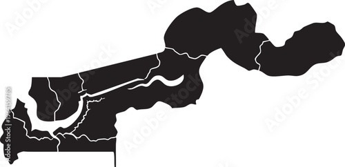 Black silhouette map of The Gambia with internal borders and river isolated vector illustration for geography and travel concepts