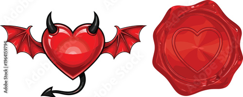 Devil Heart Icon and Wax Seal Stamp with Glossy Red Love Symbol Featuring Wings Horns and Tail for Dark Romantic Vector Illustration Set