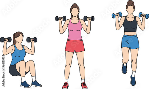 Dumbbell Full Body Workout Sequence Featuring Squat Shoulder Press and Marching Exercise Variations with Female Athletes in Flat Vector Illustration Set