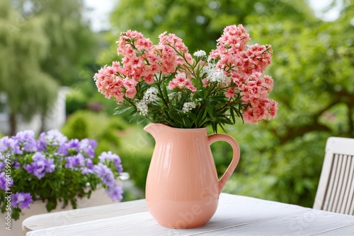 Pink and white flowers blooming in a ceramic jug on outdoor table