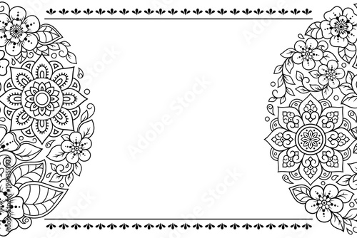 Frame in eastern tradition. Stylized with henna tattoos decorative pattern for decorating covers for book, notebook, casket, magazine, postcard and folder. Flower border in mehndi style.