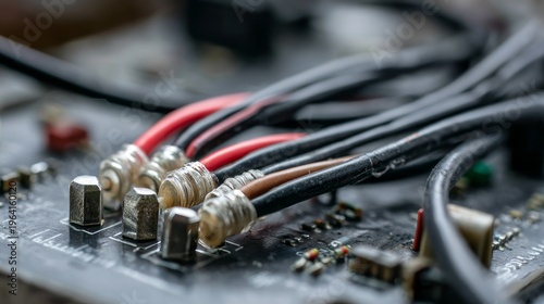 Macro view of tv cable splitter on white table in electronics repair workshop, close up of signal distribution device with metal connectors and wiring for home entertainment installation and maintenan
